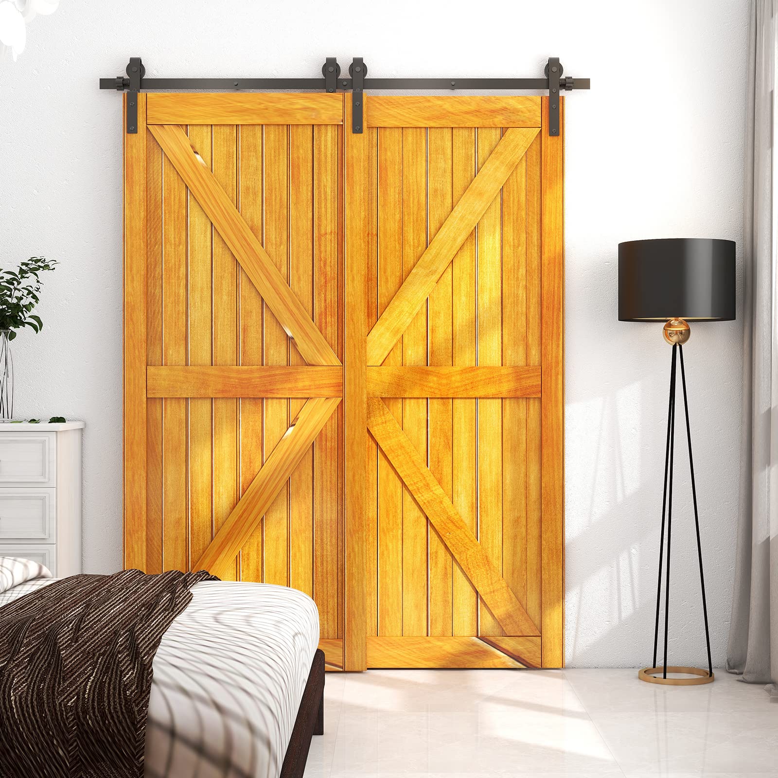 LTIYITL 7FT/213CM Bypass Sliding Barn Door Hardware Kit for Double Wooden Doors, Upgraded Single Track, Smooth and Quiet