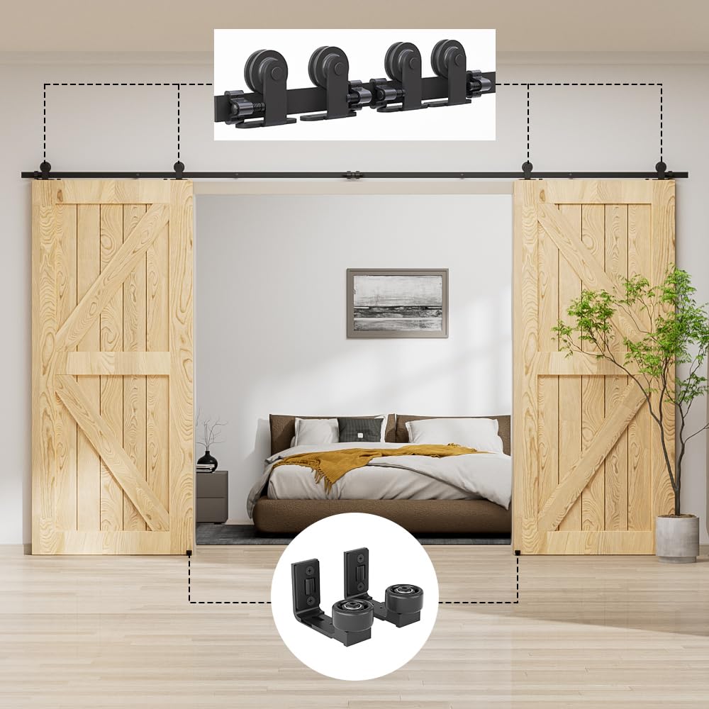 LTIYITL 203CM (6.6FT) Sliding Door Hardware Barn Kit Wardrobe Accessory with Rail Roller for Double Door,Contains Adjustable Floor Guide
