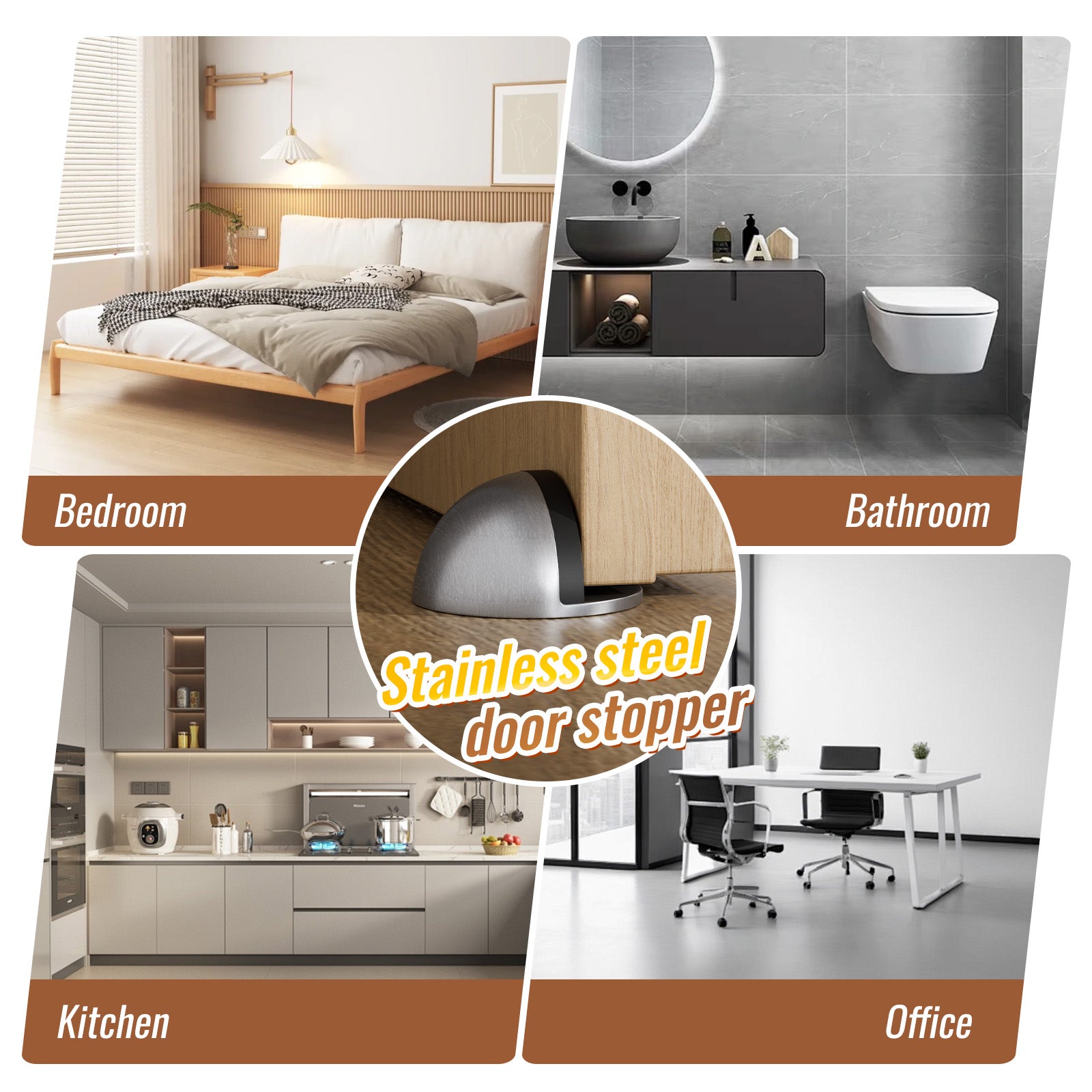 Stainless Steel Half Dome Floor Door Stop Self-Adhesive with Rubber Free Punching—Ground Door Stops for Bedroom Living Bath Shower Room Office Silver—Stainless Steel Floor Door Stopper（4PCS）