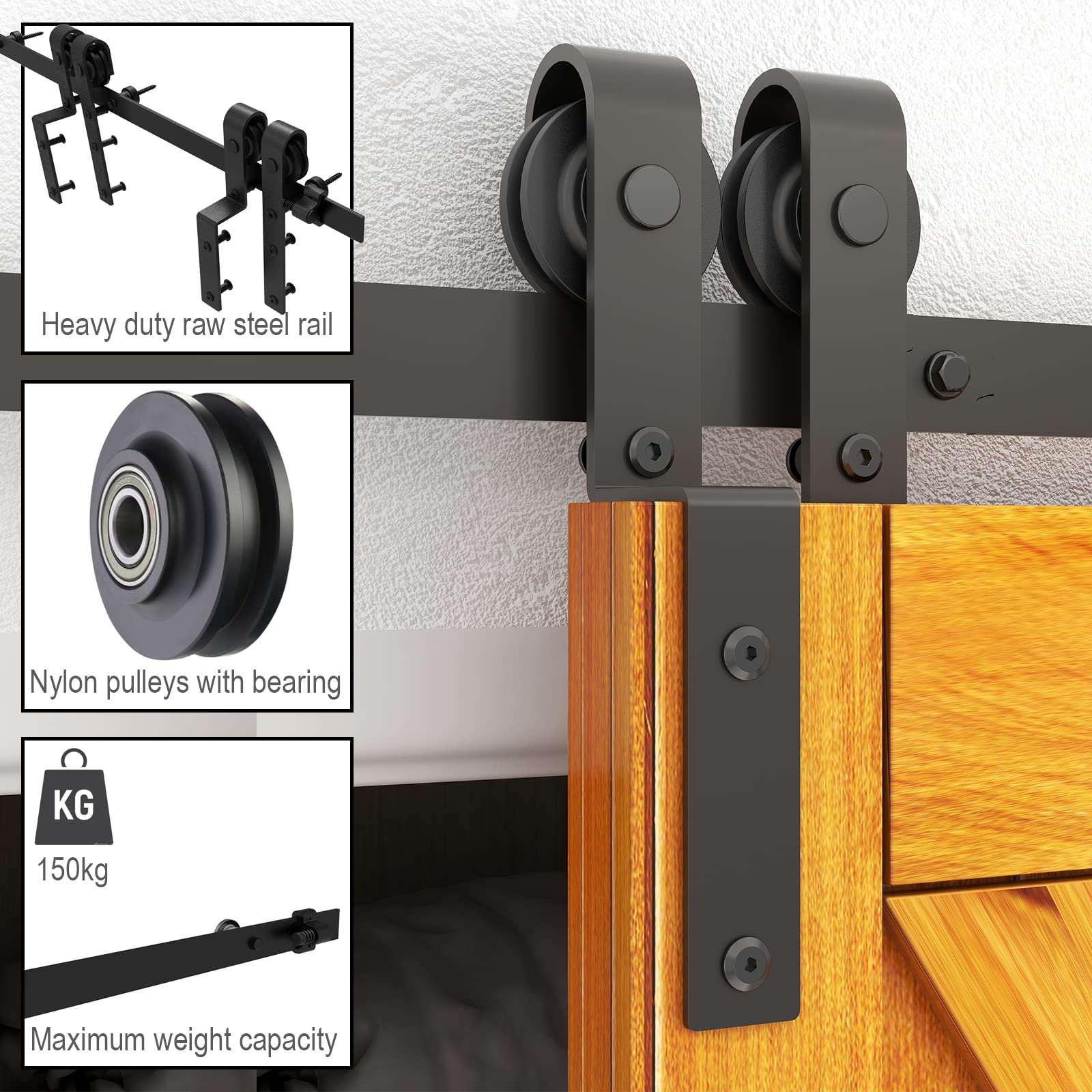 LTIYITL 6FT/183CM Bypass Sliding Barn Door Hardware Kit for Double Wooden Doors, Upgraded Single Track, Smooth and Quiet