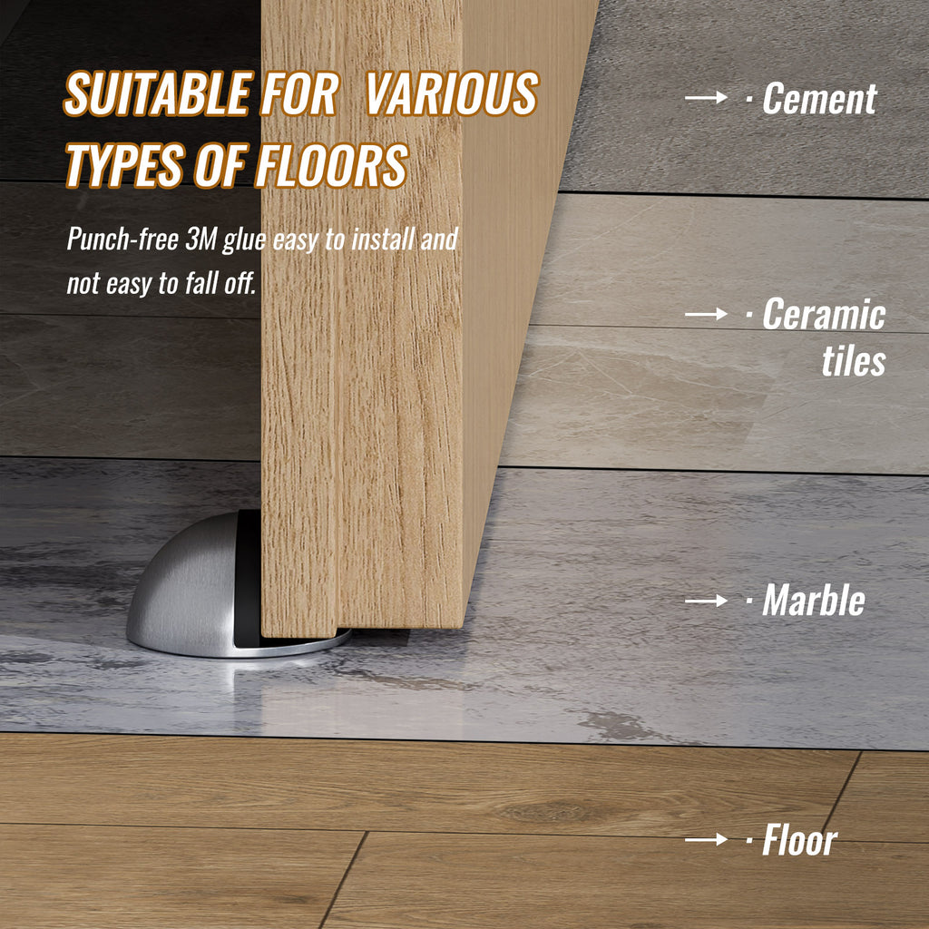 Stainless Steel Half Dome Floor Door Stop Self-Adhesive with Rubber Free Punching—Ground Door Stops for Bedroom Living Bath Shower Room Office Silver—Stainless Steel Floor Door Stopper（4PCS）