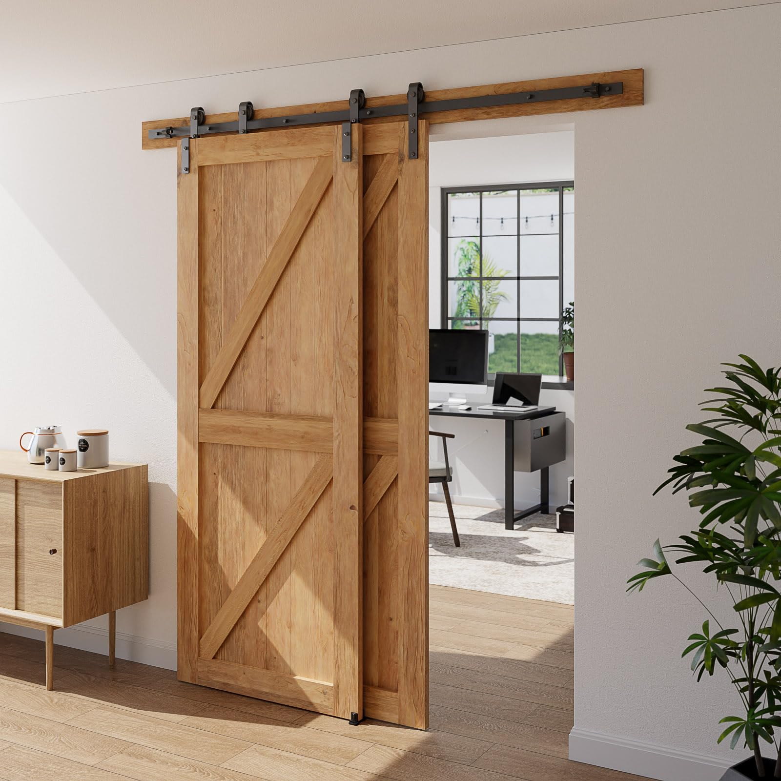 Schiebetürbeschlag Bypass Doppeltür 304cm Schiebetür Schiene System komplettset mit Bodenführung Schwarz für 2 Holztür 142cm Breit