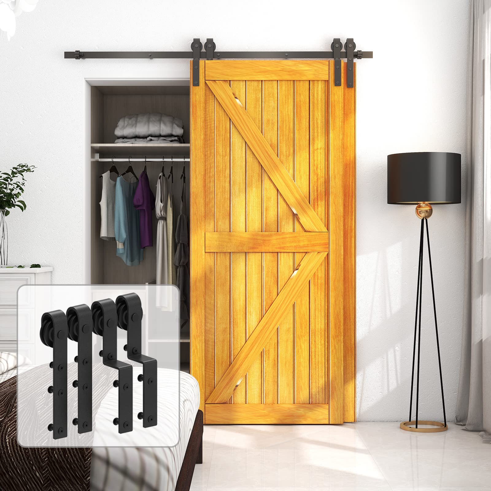 LTIYITL 6FT/183CM Bypass Sliding Barn Door Hardware Kit for Double Wooden Doors, Upgraded Single Track, Smooth and Quiet