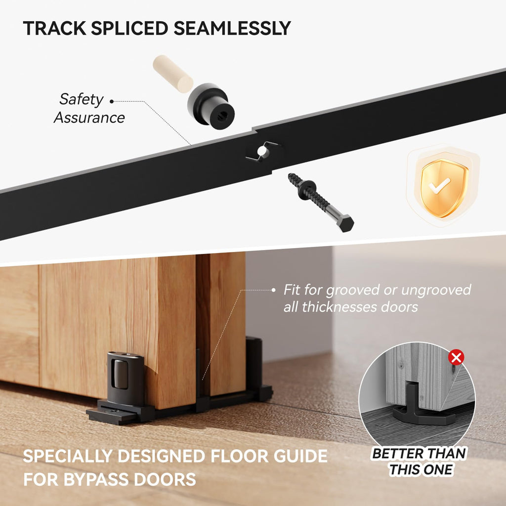 Schiebetürbeschlag Bypass Doppeltür 304cm Schiebetür Schiene System komplettset mit Bodenführung Schwarz für 2 Holztür 142cm Breit