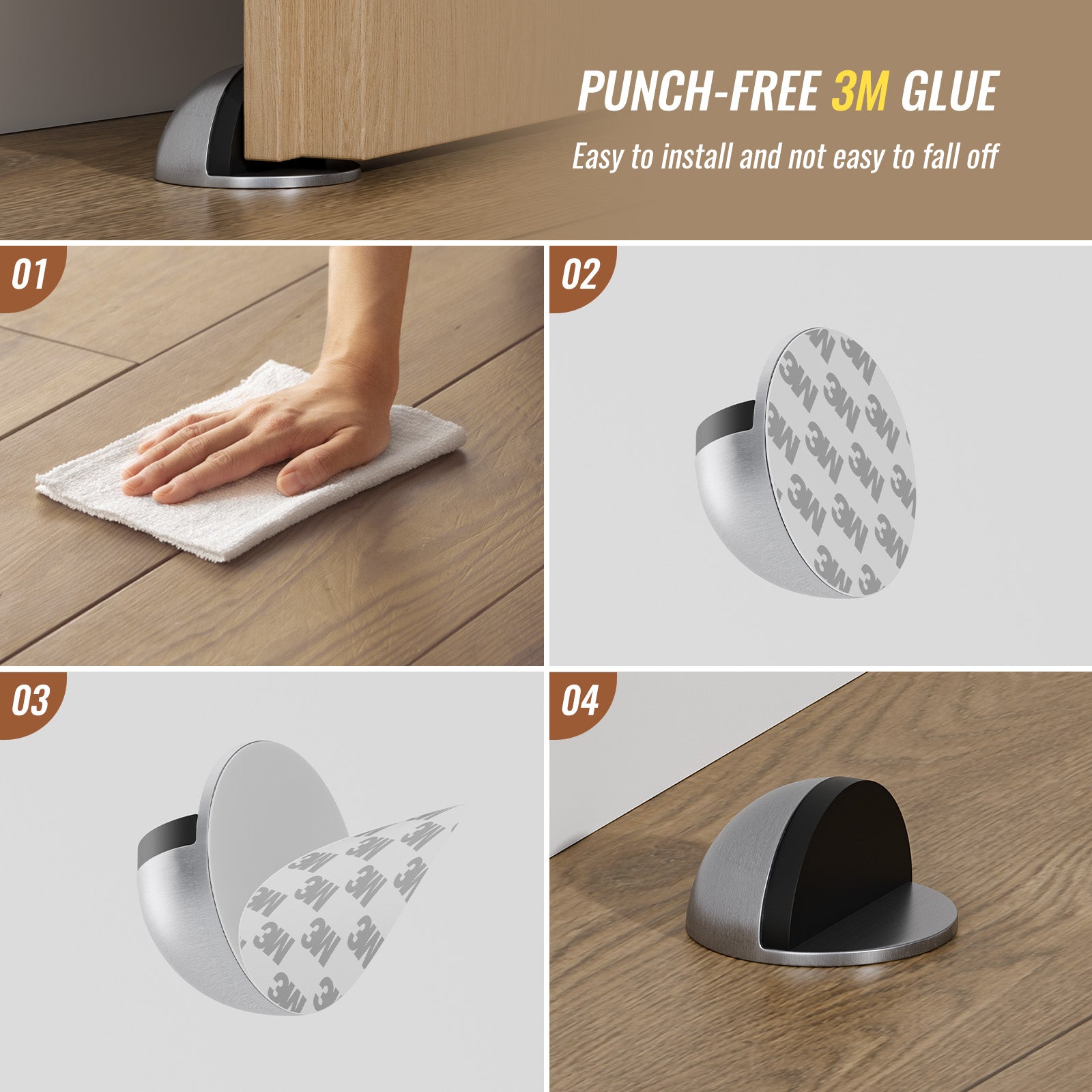 Stainless Steel Half Dome Floor Door Stop Self-Adhesive with Rubber Free Punching—Ground Door Stops for Bedroom Living Bath Shower Room Office Silver—Stainless Steel Floor Door Stopper（4PCS）
