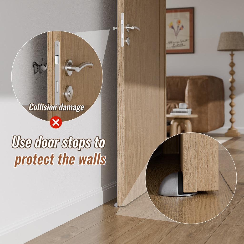 Stainless Steel Half Dome Floor Door Stop Self-Adhesive with Rubber Free Punching—Ground Door Stops for Bedroom Living Bath Shower Room Office Silver—Stainless Steel Floor Door Stopper（4PCS）