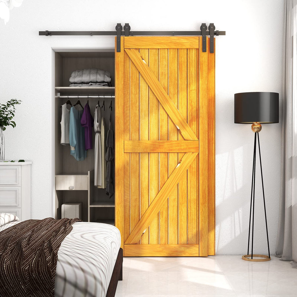 LTIYITL 7FT/213CM Bypass Sliding Barn Door Hardware Kit for Double Wooden Doors, Upgraded Single Track, Smooth and Quiet