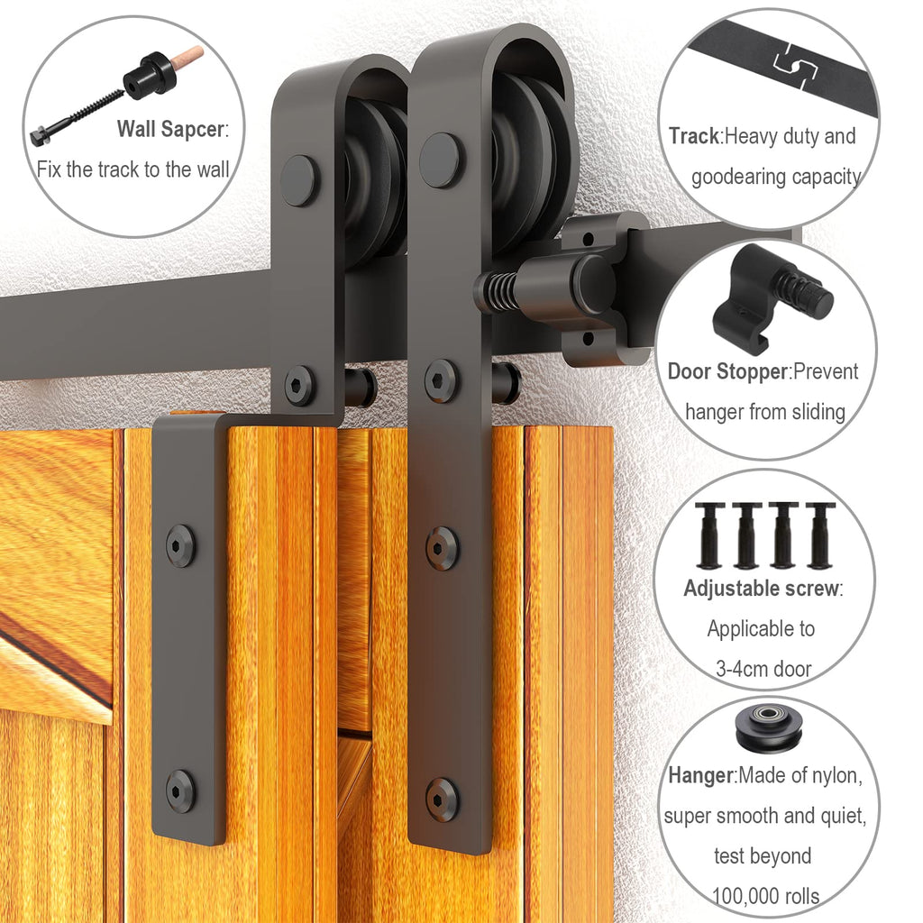 LTIYITL 7FT/213CM Bypass Sliding Barn Door Hardware Kit for Double Wooden Doors, Upgraded Single Track, Smooth and Quiet