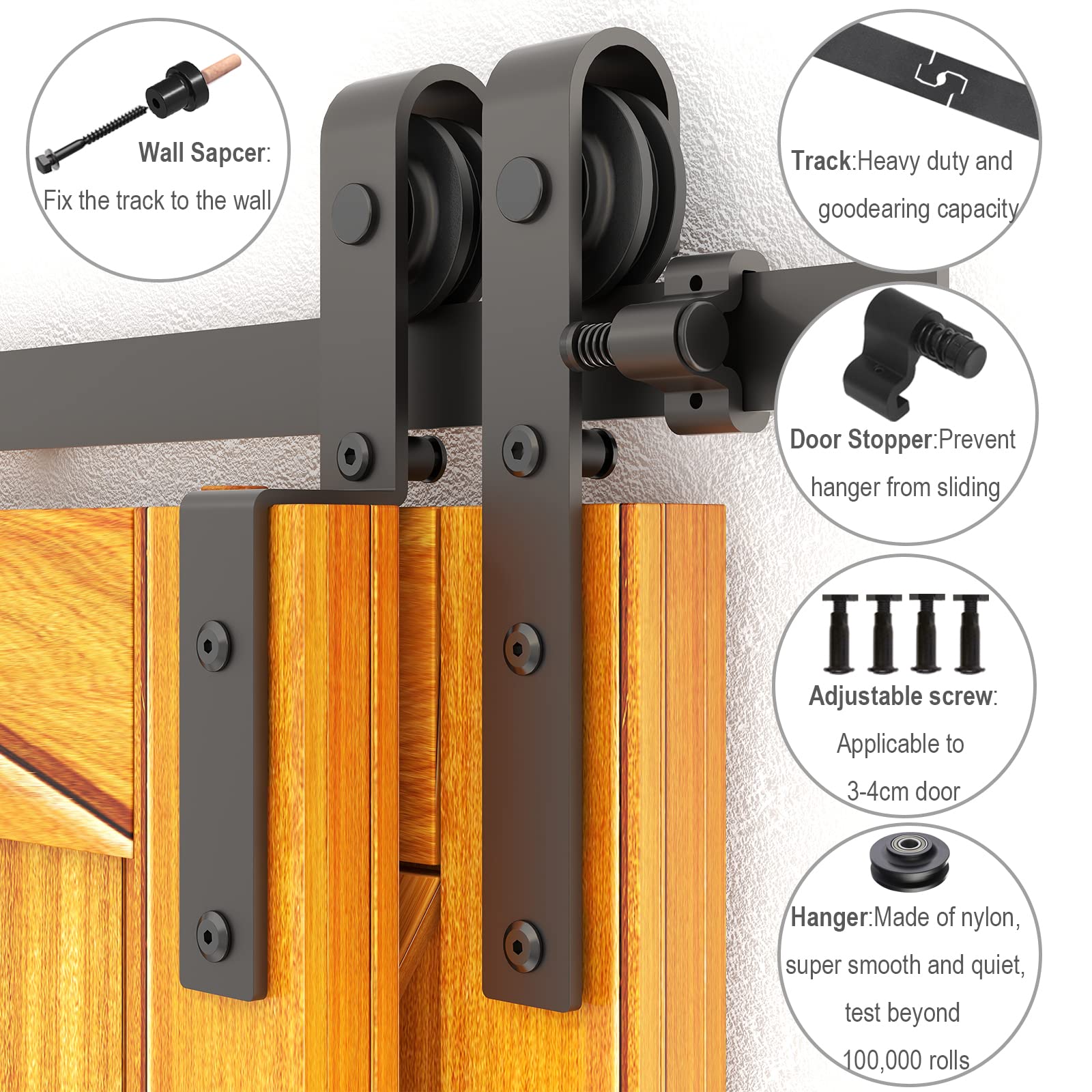 LTIYITL 7FT/213CM Bypass Sliding Barn Door Hardware Kit for Double Wooden Doors, Upgraded Single Track, Smooth and Quiet