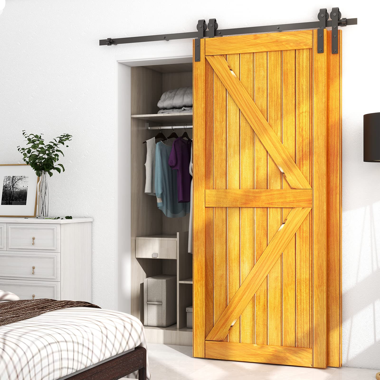 LTIYITL 6FT/183CM Bypass Sliding Barn Door Hardware Kit for Double Wooden Doors, Upgraded Single Track, Smooth and Quiet