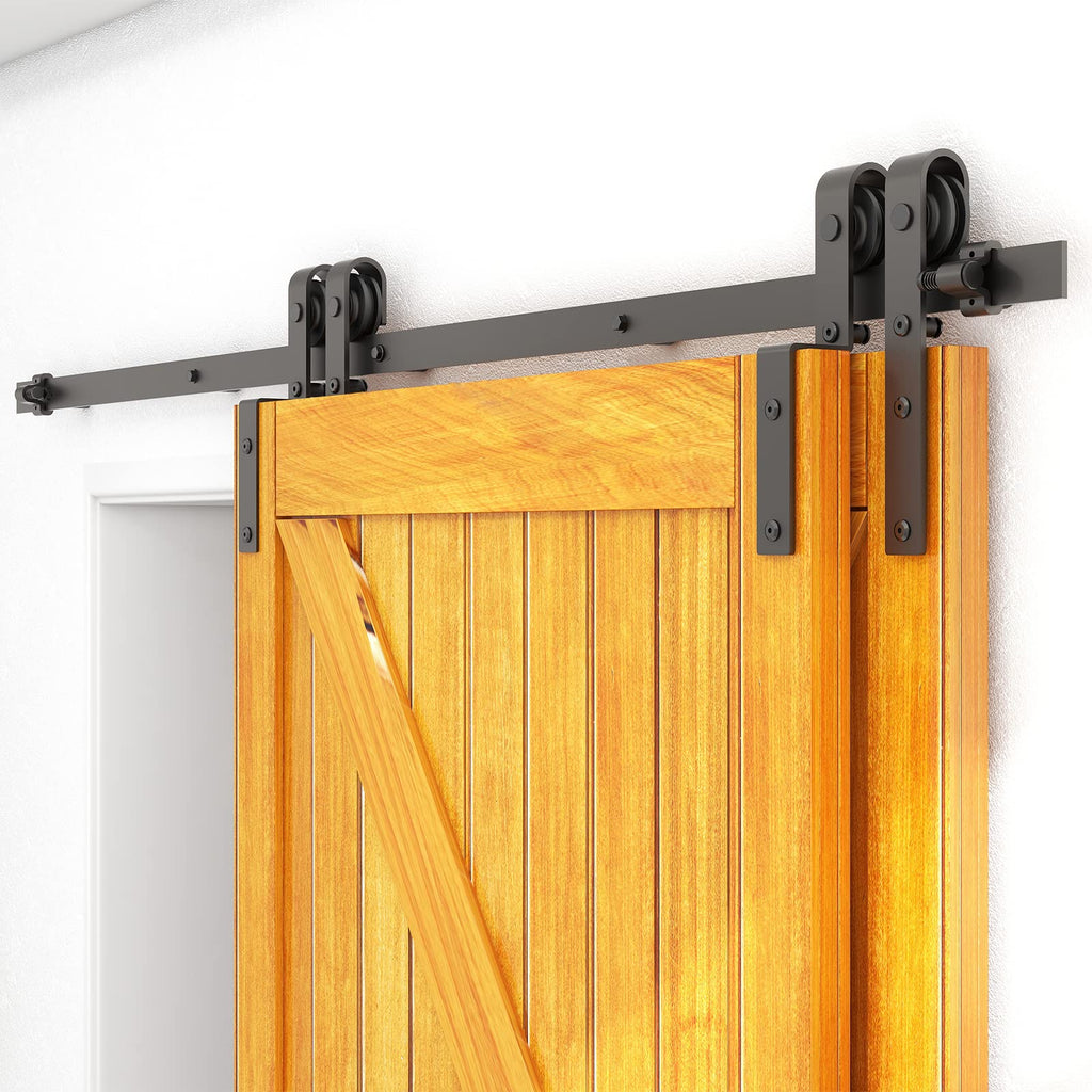 LTIYITL 6.6FT/200CM Bypass Sliding Barn Door Hardware Kit for Double Wooden Doors, Upgraded Single Track, Smooth and Quiet