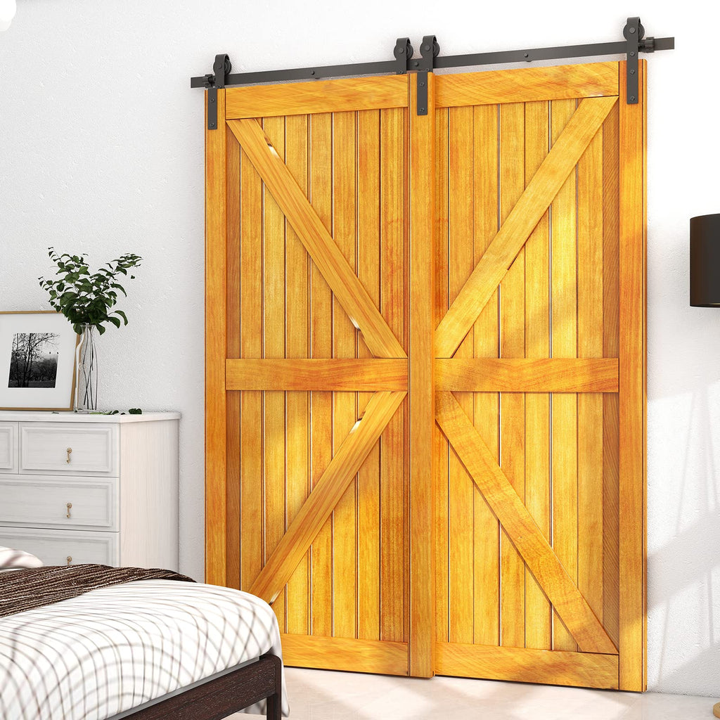 LTIYITL 6.6FT/200CM Bypass Sliding Barn Door Hardware Kit for Double Wooden Doors, Upgraded Single Track, Smooth and Quiet