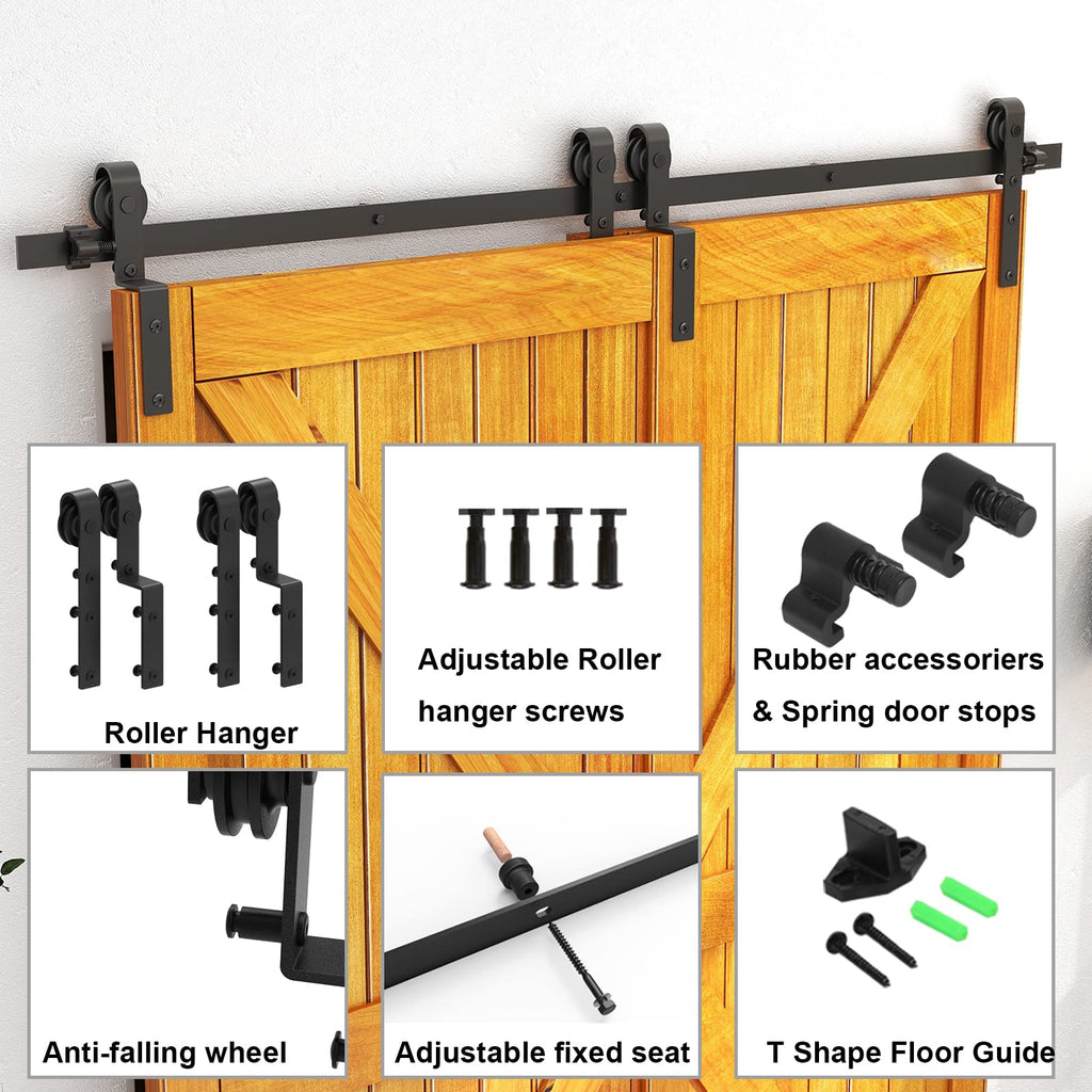 LTIYITL 7FT/213CM Bypass Sliding Barn Door Hardware Kit for Double Wooden Doors, Upgraded Single Track, Smooth and Quiet